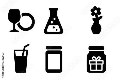 Glass Usage Icons. Solid, filled icon set of glass usage occasions: dining, lab experiments, decoration, drinking, packaging, display, storage, gift. Solid,