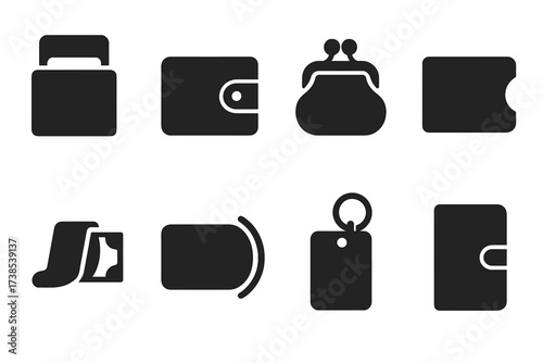 Wallet Icon Set. Solid, filled icon set of card wallet: card holder, wallet, purse, card case, money clip, RFID blocker, keychain card holder, travel wallet.