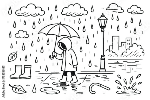 Solitary Figure in Rain. Hand-drawn doodle illustration Solitary figure in rainy weather person with umbrella, raindrops, puddles, wet leaves, rain boots,