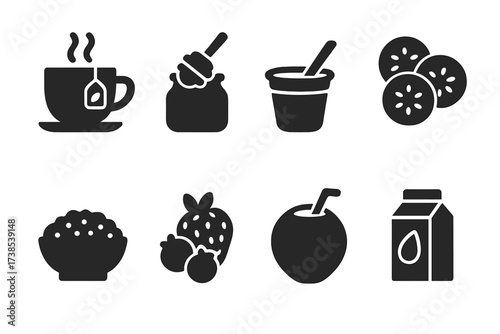 Soothing Food Icons. Solid, filled icon set of soothing foods: herbal tea, honey, yogurt, cucumber slices, oatmeal, berries, coconut water, almond milk. Solid,