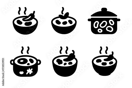 Bean Stew Icon Set. Solid, filled icon set of bean stew variations: chili, curry, soup, casserole, stew with meat, stew with vegetables, spicy stew, creamy