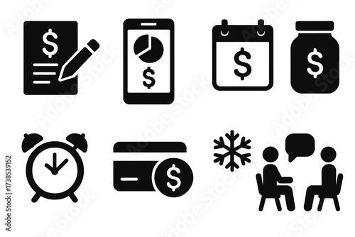 Financial Management Icons. Solid, filled icon set of managing overdraft: budgeting, expense tracking, financial planning, saving money, payment reminder, loan