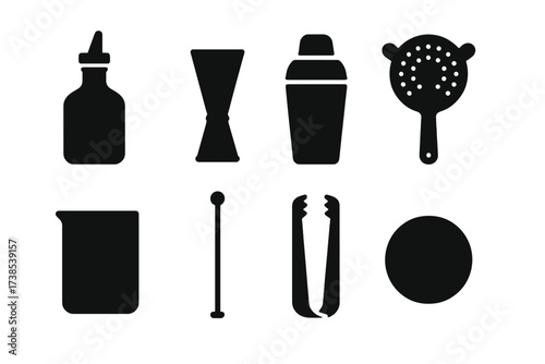 Pour Bar Tools Icons. Solid, filled icon set of pour bar tools: bottle with pour spout, jigger, shaker, strainer, mixing glass, cocktail stirrer, ice tongs,