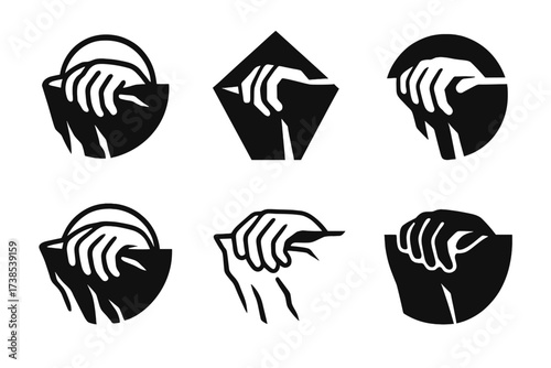 Cliff Edge Grasping Logos. Tired hands clutching the edge of a cliff. Set Logo of tired hands clutching the edge of a cliff: fingers slipping. harmonious logo
