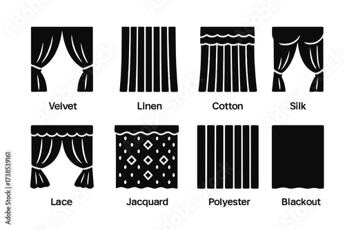 Curtain Fabric Icons. Solid, filled icon set of curtain fabrics: velvet curtain, linen curtain, cotton curtain, silk curtain, lace curtain, jacquard curtain,