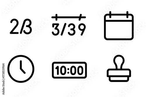 Date Format Icons. Outline icon set of date formats: numeric date, day/month/year, month/day/year, calendar icon, clock icon, digital time, analog clock, date