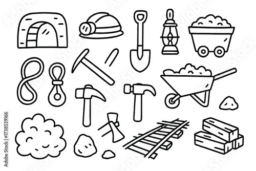 Mining Equipment Doodles. Hand-drawn doodle illustration Mining tunnels helmet, lamp, shovel, pickaxe, wheelbarrow, cart, rails, coal, stone, axe, hammer,