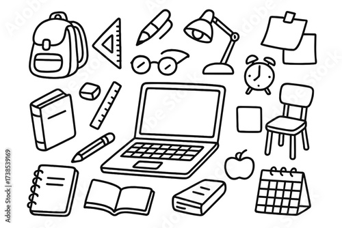 Study Essentials Icons. Hand-drawn doodle illustration Laptop for studying laptop, book, pencil, ruler, eraser, notebook, backpack, glasses, lamp, clock,
