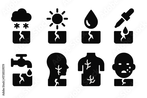 Cracked Skin Icons. Solid, filled icon set of cracked skin causes: cold weather, sun exposure, dehydration, chemical irritation, frequent washing, eczema,
