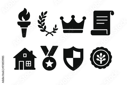 Heritage Icons Grid. Solid, filled icon set of heritage and tradition: torch, laurel, crown, scroll, ancestral house, medal, crest, family seal. Solid, filled
