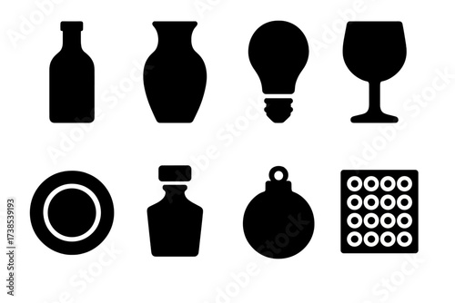 Fragile Items Icons. Solid, filled icon set of fragile items: glass bottle, ceramic vase, light bulb, wine glass, porcelain plate, crystal decanter, ornament,