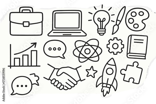 Business Collaboration Icons. Hand-drawn doodle illustration Business and design collaboration briefcase, laptop, palette, paintbrush, light bulb, gear,