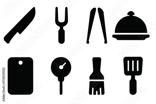 Meat Utensil Icons. Solid, filled icon set of meat platter utensils: carving knife, fork, tongs, serving platter, cutting board, meat thermometer, basting