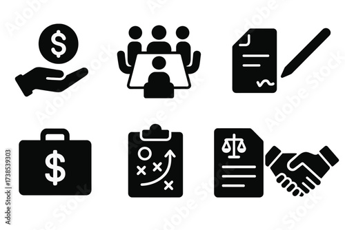 Equity Financing Icons. Solid, filled icon set of equity financing: capital raise, shareholder meeting, contract signing, investment check, venture capital,