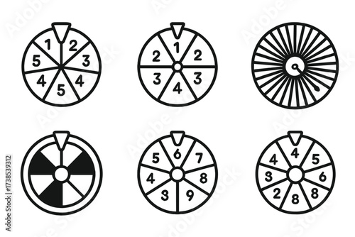 Segmented Number Wheel Icons. Outline icon set of segmented number wheel: numbered sections, spinning pointer, dial divisions, prize wheel, roulette style