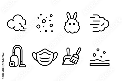 Dust Icon Set. Outline icon set of dust: dust cloud, dust particles, dust bunny, dust storm, vacuum cleaner, dust mask, dustpan and brush, dusty surface. Line