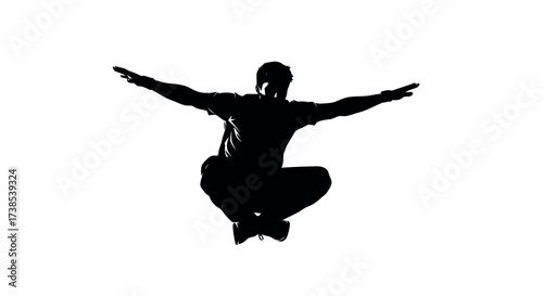 Silhouette of a man in mid-air jump with arms outstretched on a white background jumping airborne