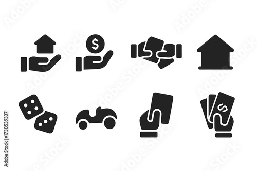 Monopoly Player Icon Set. Solid, filled icon set of monopoly player actions: buying property, paying rent, trading cards, building houses, rolling dice, moving