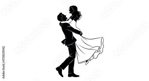 Silhouette of a man lifting a woman in a wedding dress couple love