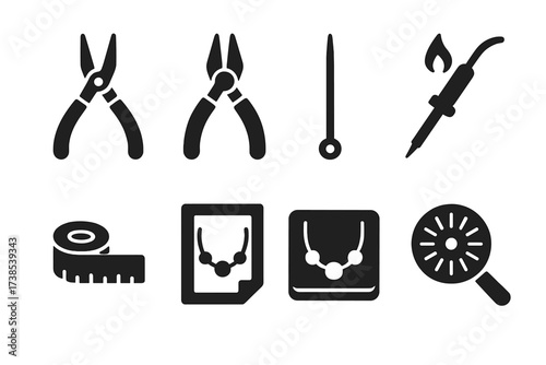 Jewelry Crafting Tools Icons. Solid, filled icon set of necklace crafting tools: pliers, wire cutters, bead stringing needle, soldering iron, measuring tape,