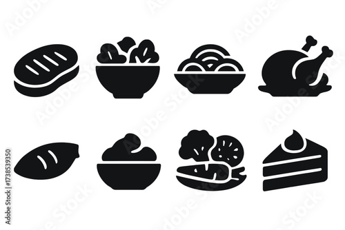 Dinner Food Icons. Solid, filled icon set of dinner food items: steak, salad bowl, pasta plate, roasted chicken, fish fillet, mashed potatoes, vegetable