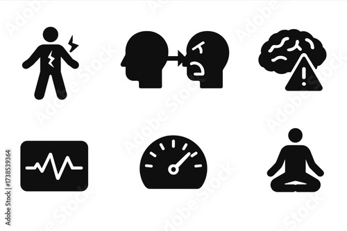 Emotional Threshold Icons. Solid, filled icon set of emotional and mental thresholds: breaking point, calm to anger, balance scale, brain with warning, heart