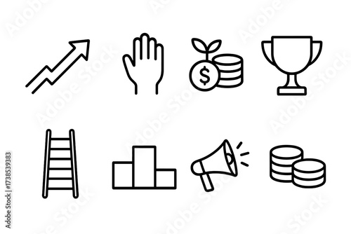 Raise Symbolism Icons. Outline icon set of raise symbolism: ascending arrow, hand raise, growing money pile, trophy, ladder, podium, megaphone, coins. Line
