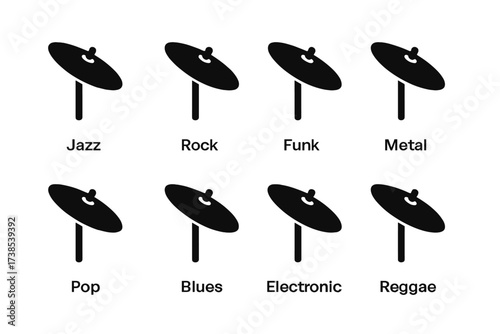 Musical Genre Icons. Solid, filled icon set of ride cymbal music genres: jazz, rock, funk, metal, pop, blues, electronic, reggae. Solid, filled icons in only
