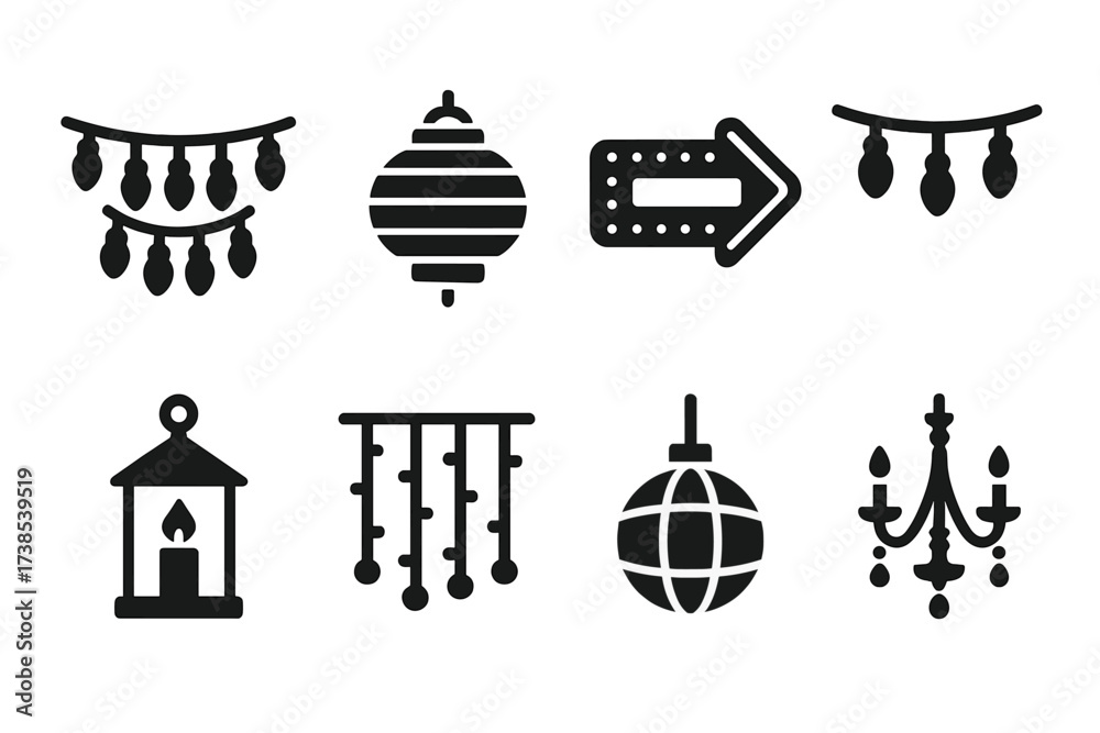 Fototapeta premium Decorative Lighting Icons. Solid, filled icon set of decorative lighting: fairy lights, paper lantern, neon sign, string lights, candle lantern, light curtain,