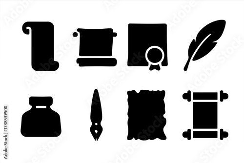 Parchment Icon Set. Solid, filled icon set of parchment: rolled parchment, ancient scroll, wax seal, feather quill, ink bottle, calligraphy pen, tattered