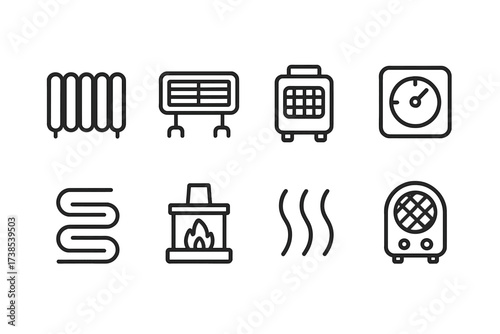 Heater Icon Set. Outline icon set of heater: radiator, electric heater, gas heater, thermostat, heating coil, fireplace, heat waves, fan heater. Line icons in