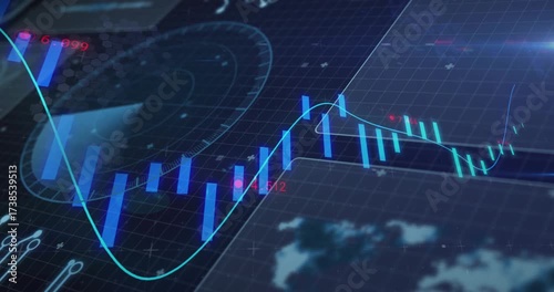 Interface loading driving oscillating candlesticks, neon line graph sweeping for trend insight