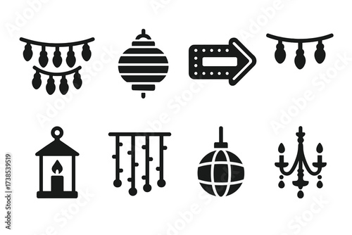 Decorative Lighting Icons. Solid, filled icon set of decorative lighting: fairy lights, paper lantern, neon sign, string lights, candle lantern, light curtain,