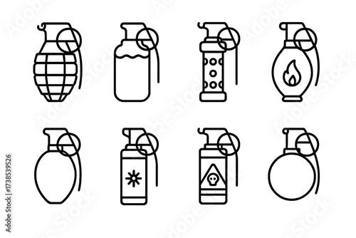 Grenade Icon Set. Outline icon set of grenade types for launcher: fragmentation grenade, smoke grenade, stun grenade, incendiary grenade, gas grenade, practice