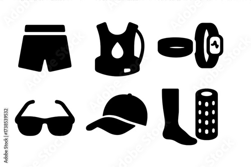 Marathon Gear Icons. Solid, filled icon set of marathon training gear: running shorts, hydration pack, sweatband, fitness tracker, sunglasses, hat, compression
