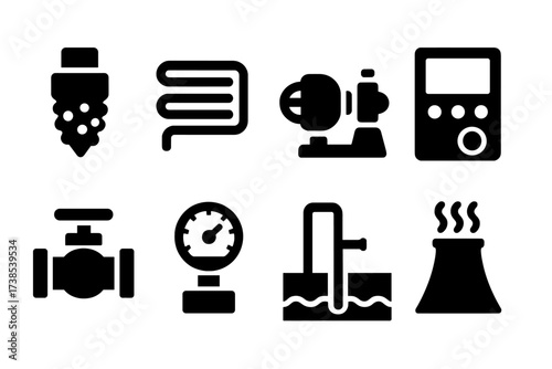 Geothermal Equipment Icons. Solid, filled icon set of geothermal equipment: drill bit, heat exchanger, turbine generator, control panel, steam valve, pressure