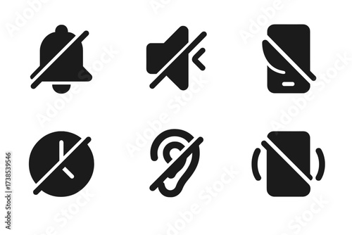 Silent Mode Icons. Solid, filled icon set of silence signs and notifications: muted bell, crossed speaker, no microphone, silent mode, do not disturb, quiet