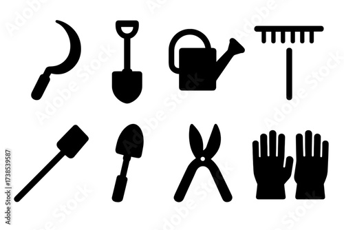 Farm Tools Grid. Solid, filled icon set of farm tools: sickle, spade, watering can, rake, hoe, shovel, pruning shears, gloves. [Line icons in only black color.