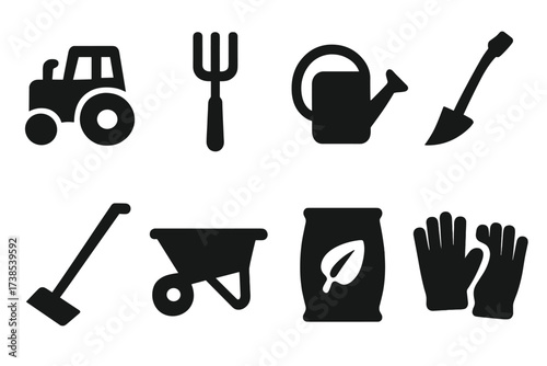 Farmer Equipment Icons. Solid, filled icon set of farmer equipment: tractor, pitchfork, watering can, plow, hoe, wheelbarrow, seed bag, gloves. [Line icons in