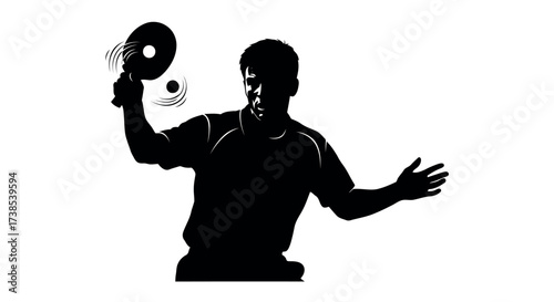 Silhouette of a Man Playing Table Tennis with a Paddle and Ball on White Background Keywords: table tennis, ping pong, man, silhouette, athlete, sport, game, player, paddle, ball, action, motion
