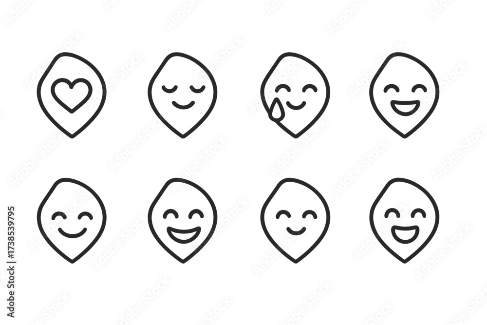 Obraz premium Iconic Emotion Expressions. Outline icon set of rose petals emotions: love, tenderness, longing, happiness, nostalgia, calm, joy, serenity. Line icons in only