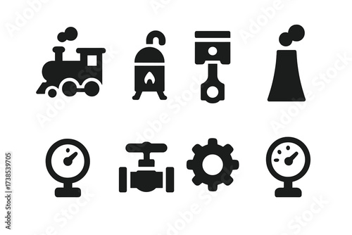 Steam Machine Icons. Solid, filled icon set of steam machines: steam engine, boiler, piston, smokestack, gauge, valve, cogwheel, pressure meter. [Line icons in