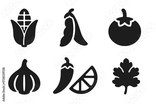Food Ingredient Icons. Solid, filled icon set of food ingredients: corn cob, bean pod, tomato, onion, garlic, chili pepper, lime wedge, cilantro leaf. [Line