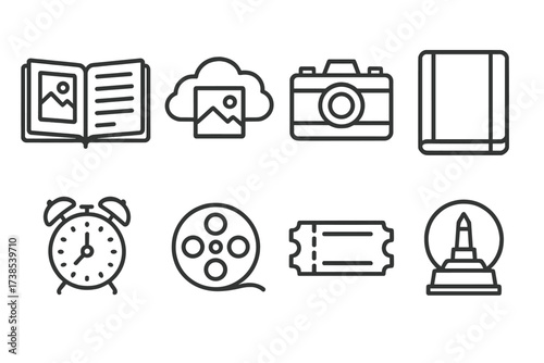 Icon Set of Memories. Outline icon set of forever memories: photo album, memory cloud, old camera, journal, vintage clock, film reel, ticket stub, souvenir.