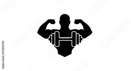 Silhouette of a Muscular Man Flexing Biceps Holding a Dumbbell Keywords: fitness, man, silhouette, muscular, bodybuilding, weightlifting, gym, exercise, strength, power, bicep, arm, dumbbell