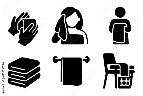 Towel Usage Icons. Solid, filled icon set of towel usage scenes: drying hands, drying hair, wiping face, wrapping body, folded towel stack, towel on shelf,