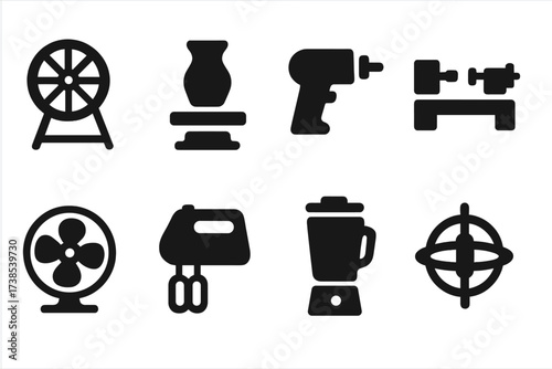 Spin Tools Icons. Solid, filled icon set of spin tools: spinning wheel, pottery wheel, drill, lathe, fan, mixer, blender, gyroscope. Solid, filled icons in