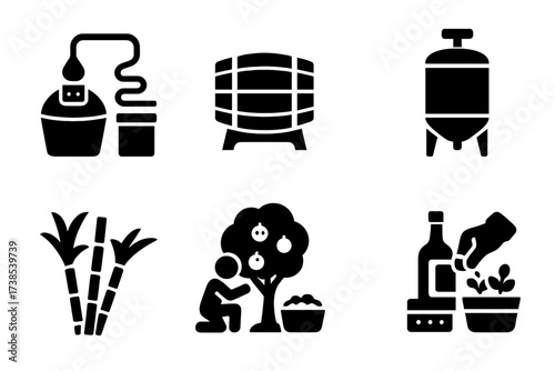 Liqueur Production Icons. Solid, filled icon set of liqueur production: distillation still, aging barrel, fermentation tank, bottling, labeling, sugarcane,