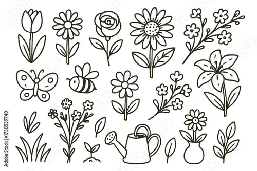 Spring Flower Doodles. Hand-drawn doodle illustration Spring flowers tulip, daisy, rose, sunflower, lily, blossom branch, wildflower, bud, leaf, watering can,