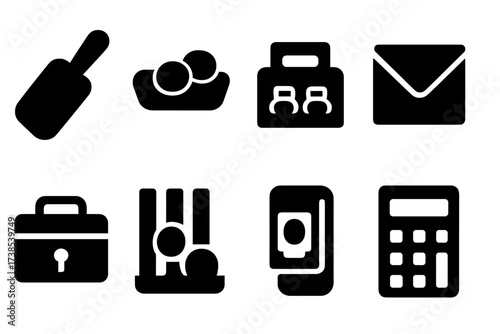 Tip Jar Tools. Solid, filled icon set of tip jar collection tools: scoop, coin tray, counting machine, envelope, cash box, coin sorter, money clip, calculator.